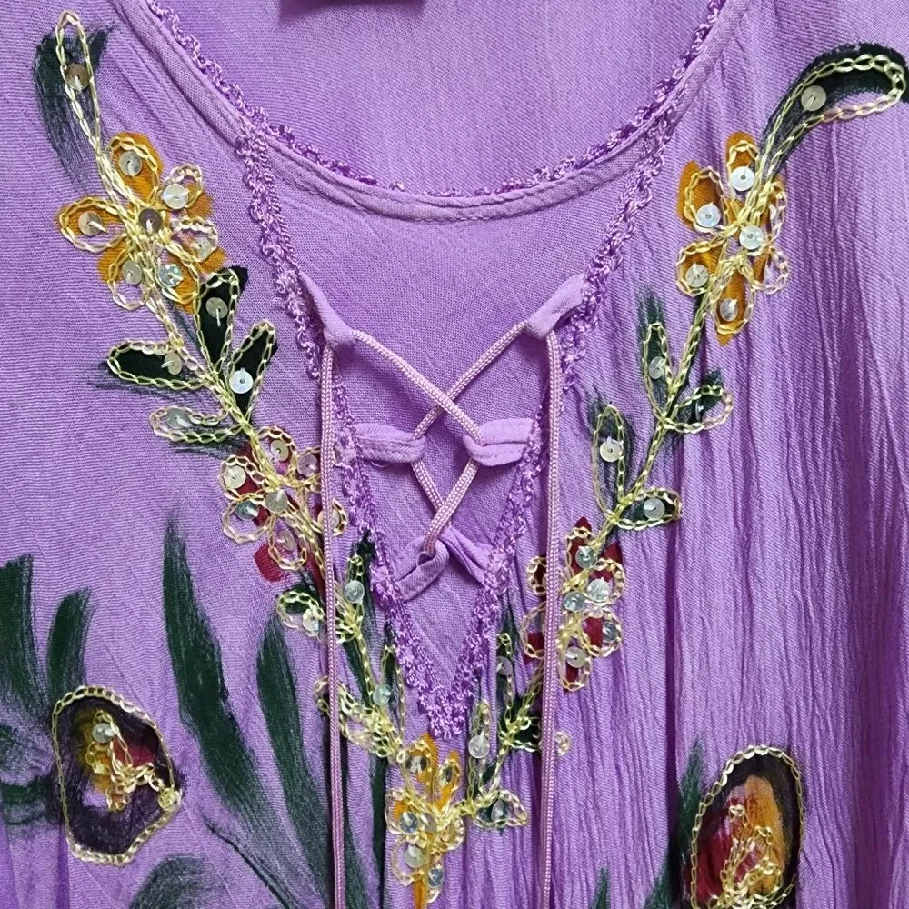 Sante Dress One Size Purple Floral Sequin Rhinestone Embroidered Hi Low Peasant